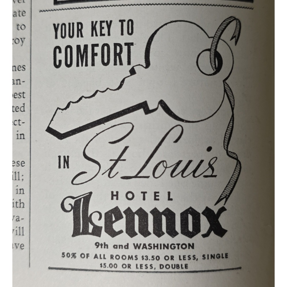 1939 Hotel Lennox St Louis Advertising Print Your Key to Comfort